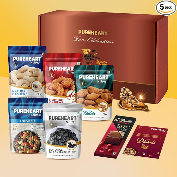 PUREHEART Diwali Gift Hamper | Corporate Gifting | Natural Cashews, Fruit & Nut Nutmix, Black Raisins, Fiery Hot Cashews, Natural Almonds (80 g each), Ganpati Diya, Chocolate and Greeting Card, Dry Fruits Gift Box