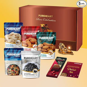 PUREHEART Diwali Gift Hamper | Corporate Gifting | Natural Cashews, Fruit & Nut Nutmix, Black Raisins, Fiery Hot Cashews, Natural Almonds (80 g each), Ganpati Diya, Chocolate and Greeting Card, Dry Fruits Gift Box