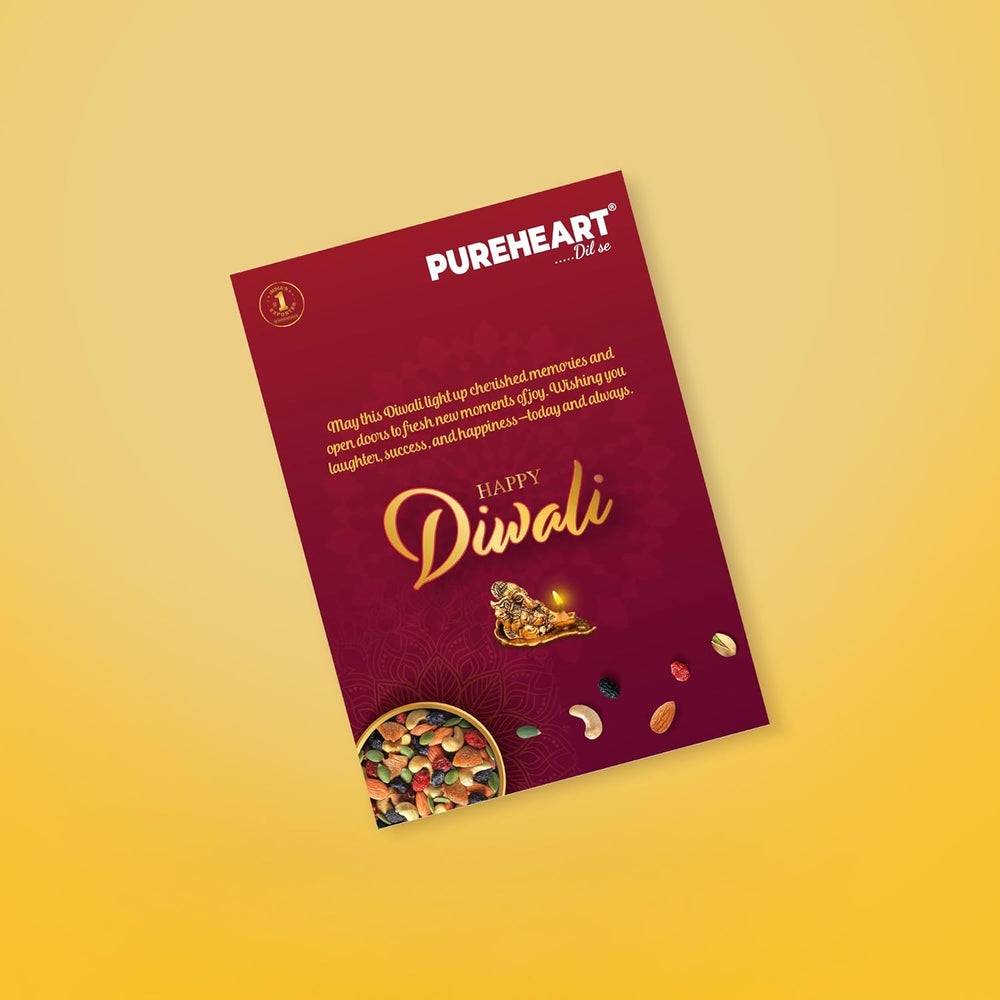 PUREHEART Celebration Diwali Gift Hamper | Corporate Gift Box with Cherokee Trail Mix (80g) and Hershey's Kisses Chocolate, Happy Diwali Greeting Card | Festive Dry Fruits Pack