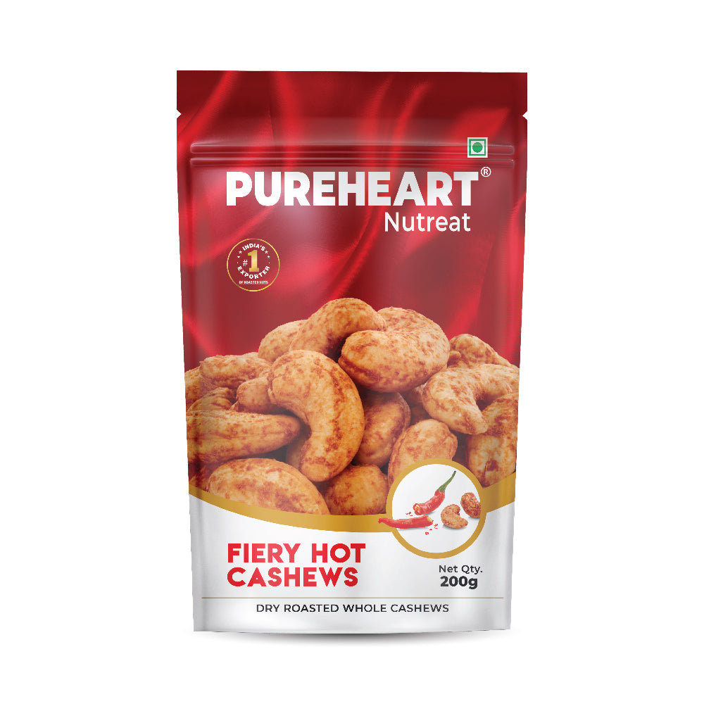 Pureheart Nutreat Fiery Hot Cashews  Natural Premium Spicy Roasted Whole Cashew Nuts/Kaju Dry Fruit, Crunchy & Delicious Chili Cashews - Resealable Pouch