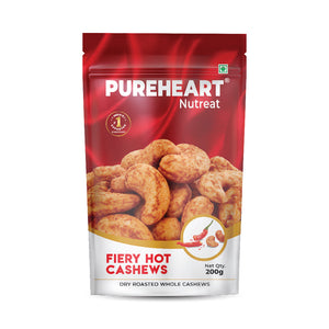Pureheart Nutreat Fiery Hot Cashews  Natural Premium Spicy Roasted Whole Cashew Nuts/Kaju Dry Fruit, Crunchy & Delicious Chili Cashews - Resealable Pouch