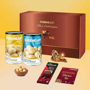 PUREHEART Premium Diwali Gift Hamper | Dry Fruits Gift Box with Natural Macadamia, Salted Macadamia (200 g, each), Bournville Chocolate, Ganpati Diya & Diwali Greeting Card | Corporate Gifting