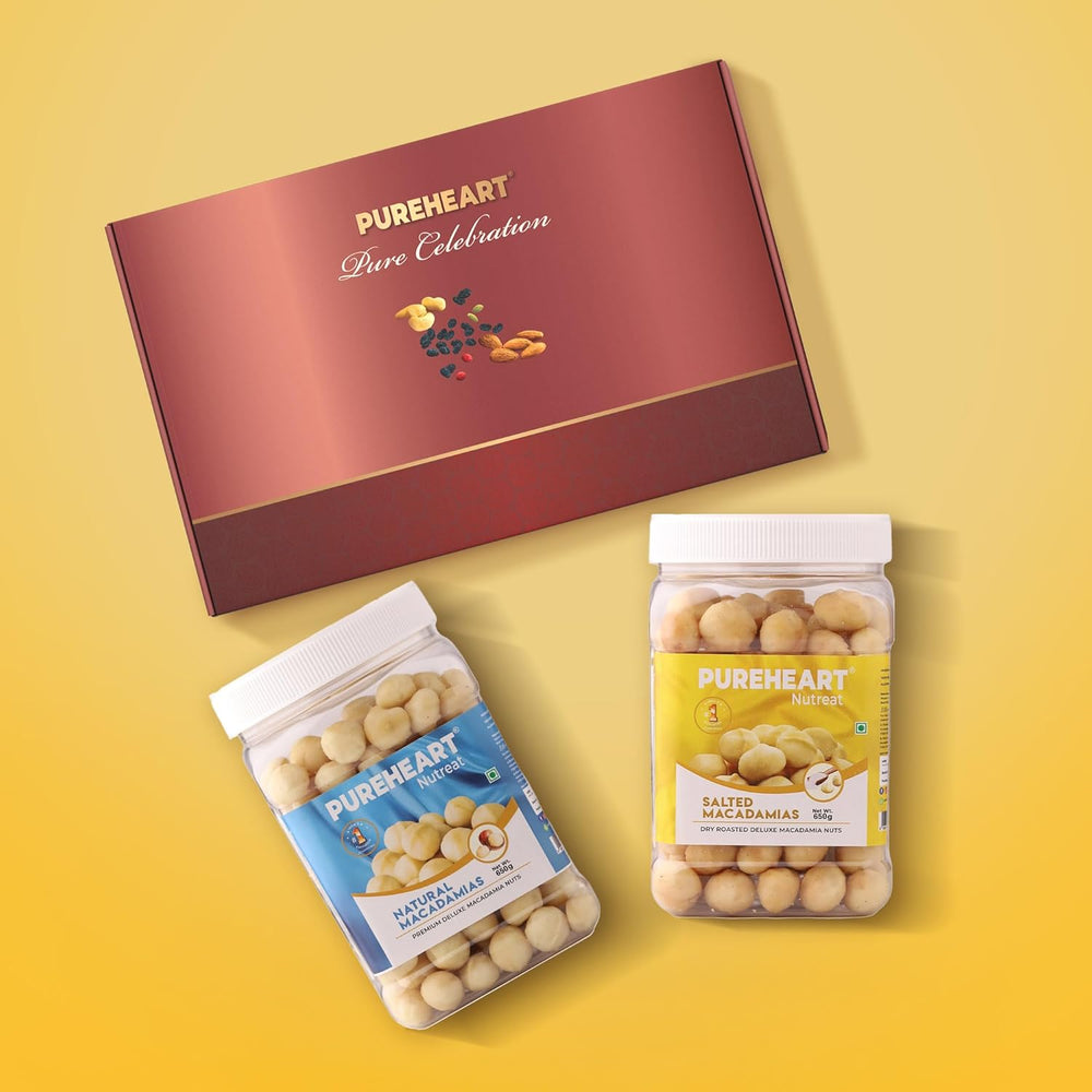 PUREHEART Premium Diwali Gift Hamper | Dry Fruits Gift Box with Natural Macadamia, Salted Macadamia (650 g, each), Bournville Chocolate, Ganpati Diya & Diwali Greeting Card | Corporate Gifting