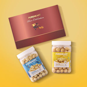 PUREHEART Premium Diwali Gift Hamper | Dry Fruits Gift Box with Natural Macadamia, Salted Macadamia (650 g, each), Bournville Chocolate, Ganpati Diya & Diwali Greeting Card | Corporate Gifting