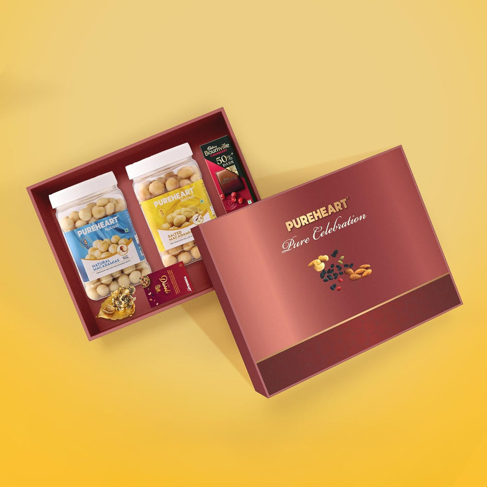 PUREHEART Premium Diwali Gift Hamper | Dry Fruits Gift Box with Natural Macadamia, Salted Macadamia (650 g, each), Bournville Chocolate, Ganpati Diya & Diwali Greeting Card | Corporate Gifting
