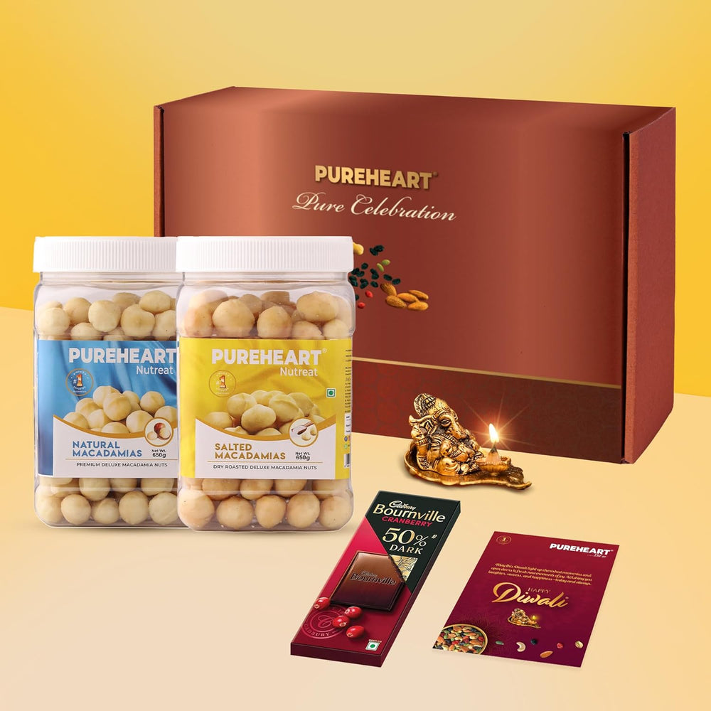 PUREHEART Premium Diwali Gift Hamper | Dry Fruits Gift Box with Natural Macadamia, Salted Macadamia (650 g, each), Bournville Chocolate, Ganpati Diya & Diwali Greeting Card | Corporate Gifting