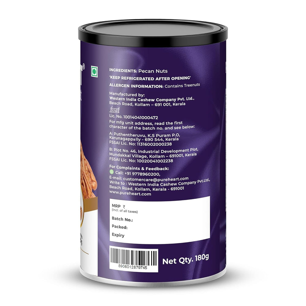 Pureheart Premium Pecan Nuts 180g | Premium Natural Pecans | Healthy Dry Fruits Snack | Rich in Protein, Fibre & Antioxidants | Ideal for Snacking & Baking