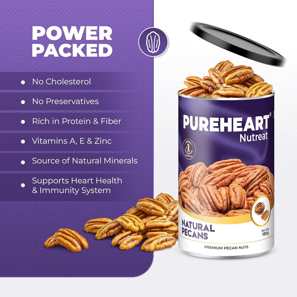 Pureheart Premium Pecan Nuts 180g | Premium Natural Pecans | Healthy Dry Fruits Snack | Rich in Protein, Fibre & Antioxidants | Ideal for Snacking & Baking