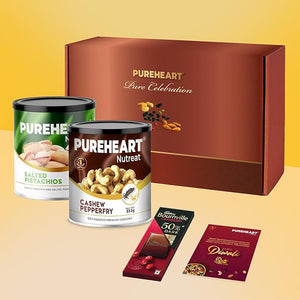 PUREHEART Premium Diwali Gift Hamper | Corporate Dry Fruits Gift Box with Pepper Cashews (333g) and Salted Pistachios (300g), Bournville Chocolate, Diwali Greeting Card