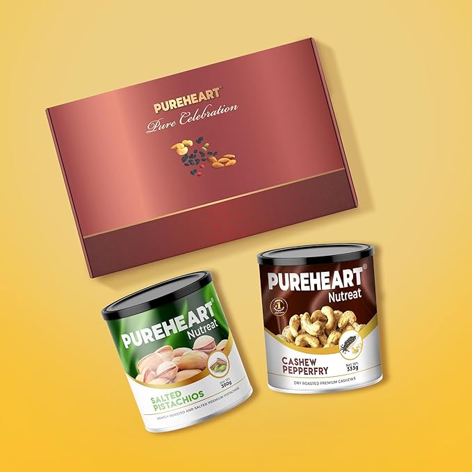 PUREHEART Premium Diwali Gift Hamper | Corporate Dry Fruits Gift Box with Pepper Cashews (333g) and Salted Pistachios (300g), Bournville Chocolate, Diwali Greeting Card