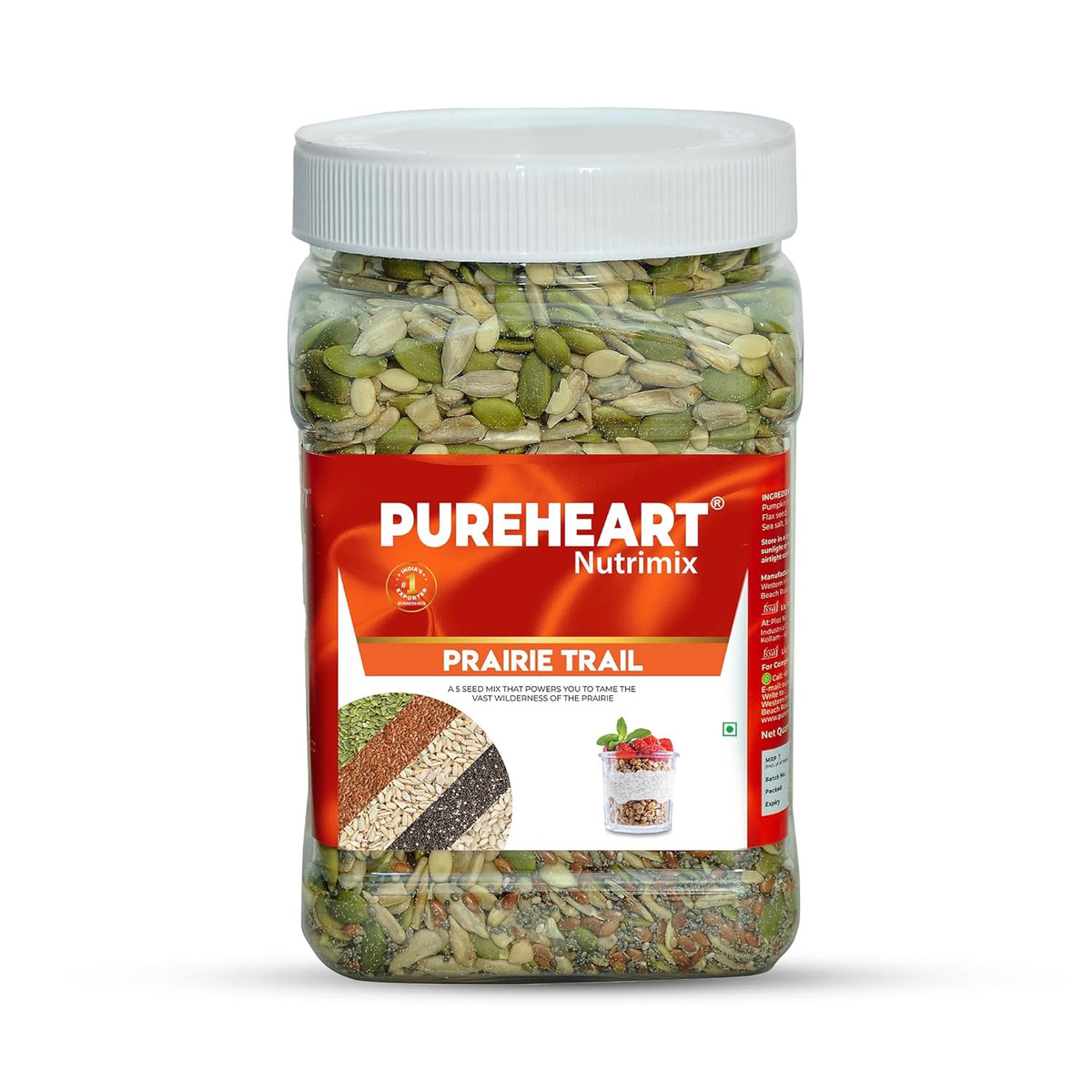 PUREHEART Prairie Trail 5-Seed Mix – Flax, Chia, Pumpkin, Sunflower & Watermelon Seeds | High Protein, Omega-3, Fiber | Healthy Crunchy Snack & Salad Topping | Gluten-Free & Nutritional