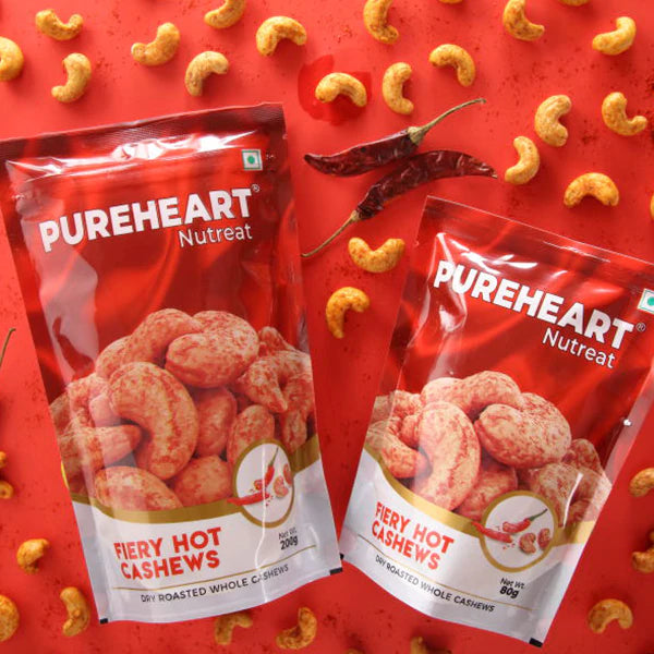 Pureheart Nutreat Fiery Hot Cashews  Natural Premium Spicy Roasted Whole Cashew Nuts/Kaju Dry Fruit, Crunchy & Delicious Chili Cashews - Resealable Pouch