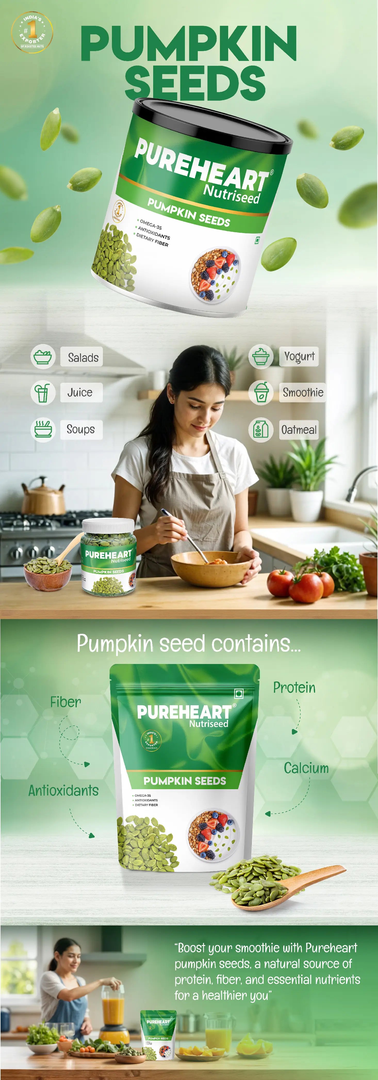 About Pureheart Premium Raw Pumpkin Seeds for Snacking/Topping  Superfood for Heart Health, Digestion & Immune Support, Rich in Protein, Fibre, Healthy Diet Snacks - 1