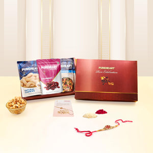 PUREHEART Rakhi Gift Hamper- Natural Cashews, Fruit & Nut Nutmix and Cranberries(80g, each) with Floral Rakhi for Brother, Gift Card, Pooja Rice, Kumkum - Crunchy Dry Fruits and Nuts