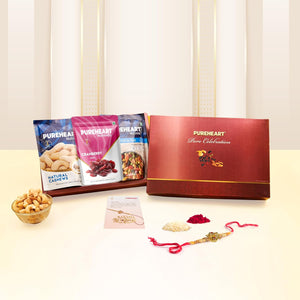PUREHEART Rakhi Gift Hamper- Natural Cashews, Fruit & Nut Nutmix and Cranberries(80g, each) with Designer Rakhi for Brother, Gift Card, Pooja Rice, Kumkum - Crunchy Dry Fruits and Nuts