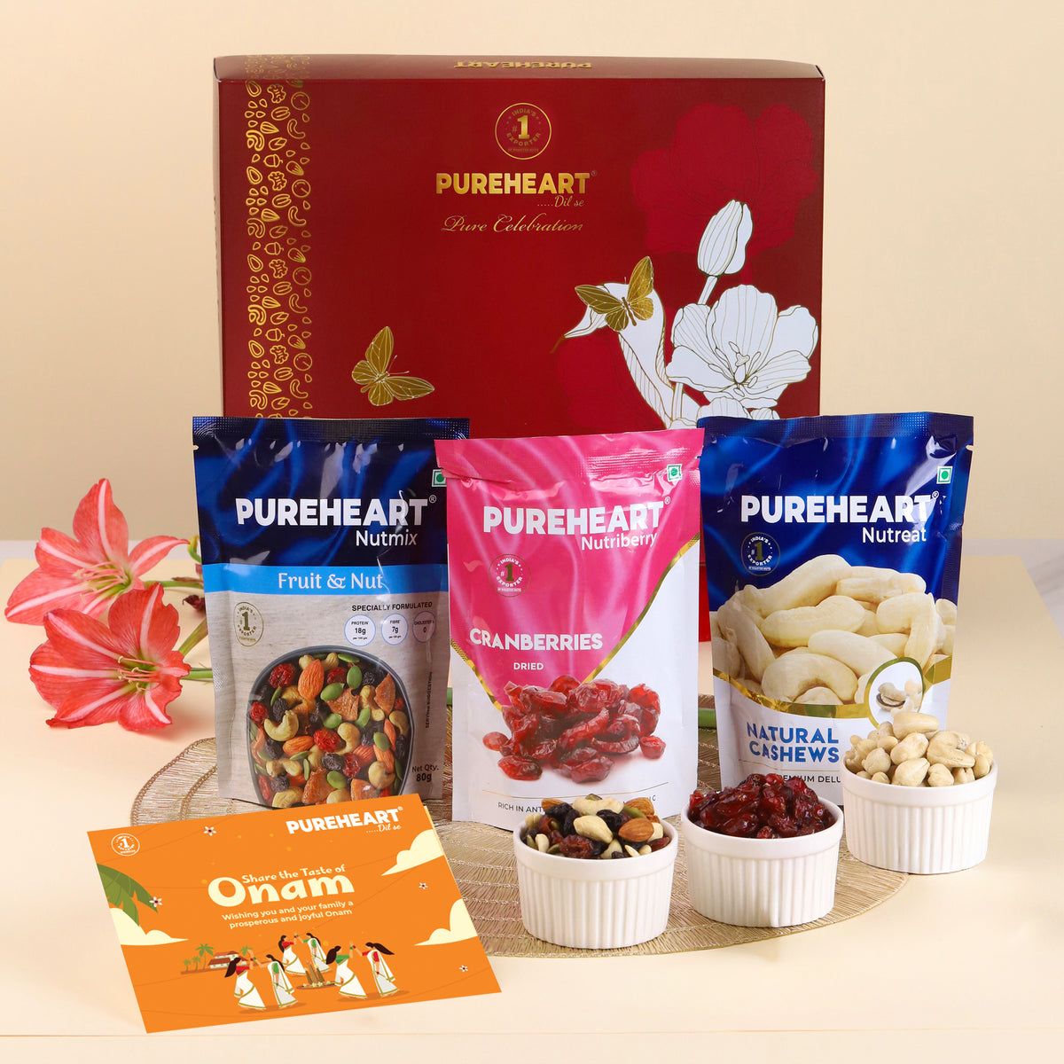 PUREHEART Onam Gift Hamper- Natural Cashews, Fruit & Nut Nutmix and Cranberries(80g, each) with Banana Chips Gift Card, - Crunchy Dry Fruits and Nuts