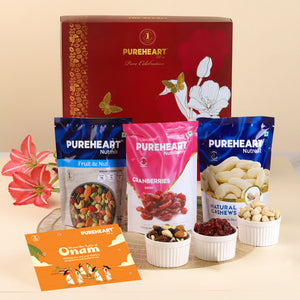 PUREHEART Onam Gift Hamper- Natural Cashews, Fruit & Nut Nutmix and Cranberries(80g, each) with Banana Chips Gift Card, - Crunchy Dry Fruits and Nuts