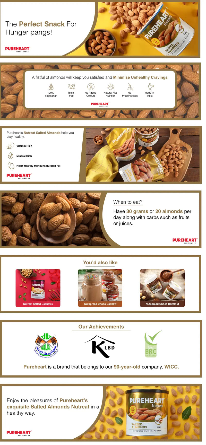 About Pureheart Dry Roasted Nutreat Salted Almonds  Natural Premium California Almond Nuts/Dry Fruit, Crunchy & Delicious Almonds - Resealable Pouch - 1 (Mobile)