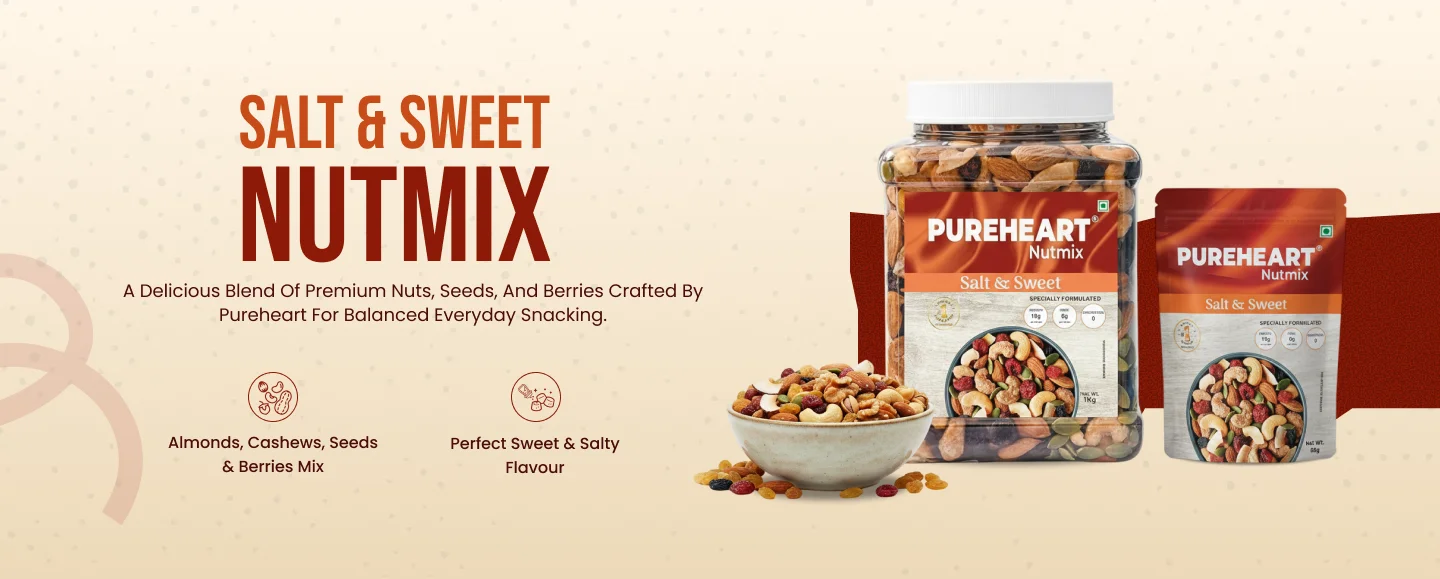 About Pureheart Nutmix Salt & Sweet Dry Fruits  Premium Salted Mix Nuts (Cashews, Almonds, Raisins, Cranberries) Delicious & Crunchy Mixed Dry Fruits - 1