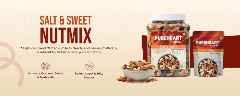 About Pureheart Nutmix Salt & Sweet Dry Fruits  Premium Salted Mix Nuts (Cashews, Almonds, Raisins, Cranberries) Delicious & Crunchy Mixed Dry Fruits - 1 (Mobile)