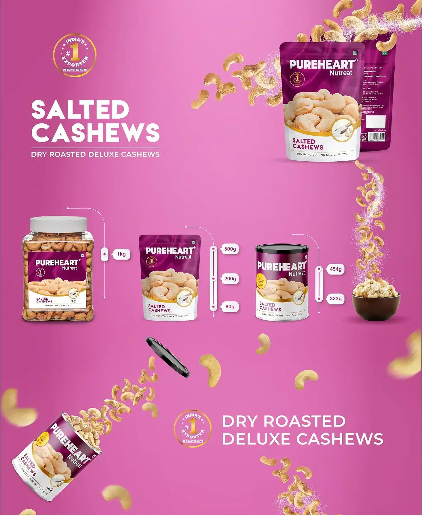 About Pureheart Nutreat Roasted Salted Cashew, Flavourful & Crunchy Snack | Premium Salted Whole Cashew Nuts/Kaju Dry Fruit | Rich in Protein & Fiber | No Artificial Colors and Flavors - 1