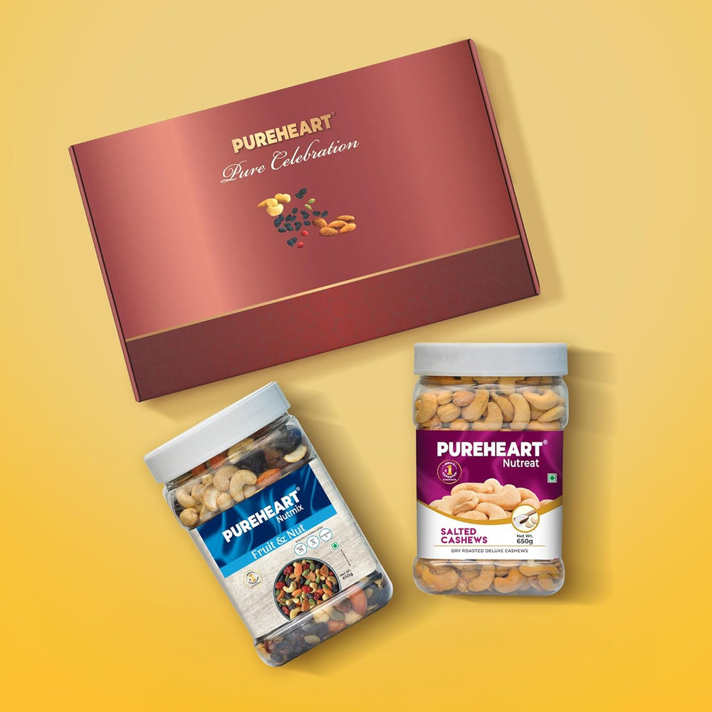 PUREHEART Premium Diwali Gift Hamper | Dry Fruits Gift Box with Fruit & Nut Nutmix, Salted Cashews (650g each), Bournville Chocolate, Ganpati Diya & Diwali Greeting Card | Corporate Gifting