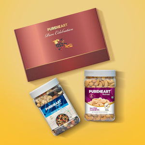 PUREHEART Premium Diwali Gift Hamper | Dry Fruits Gift Box with Fruit & Nut Nutmix, Salted Cashews (650g each), Bournville Chocolate, Ganpati Diya & Diwali Greeting Card | Corporate Gifting