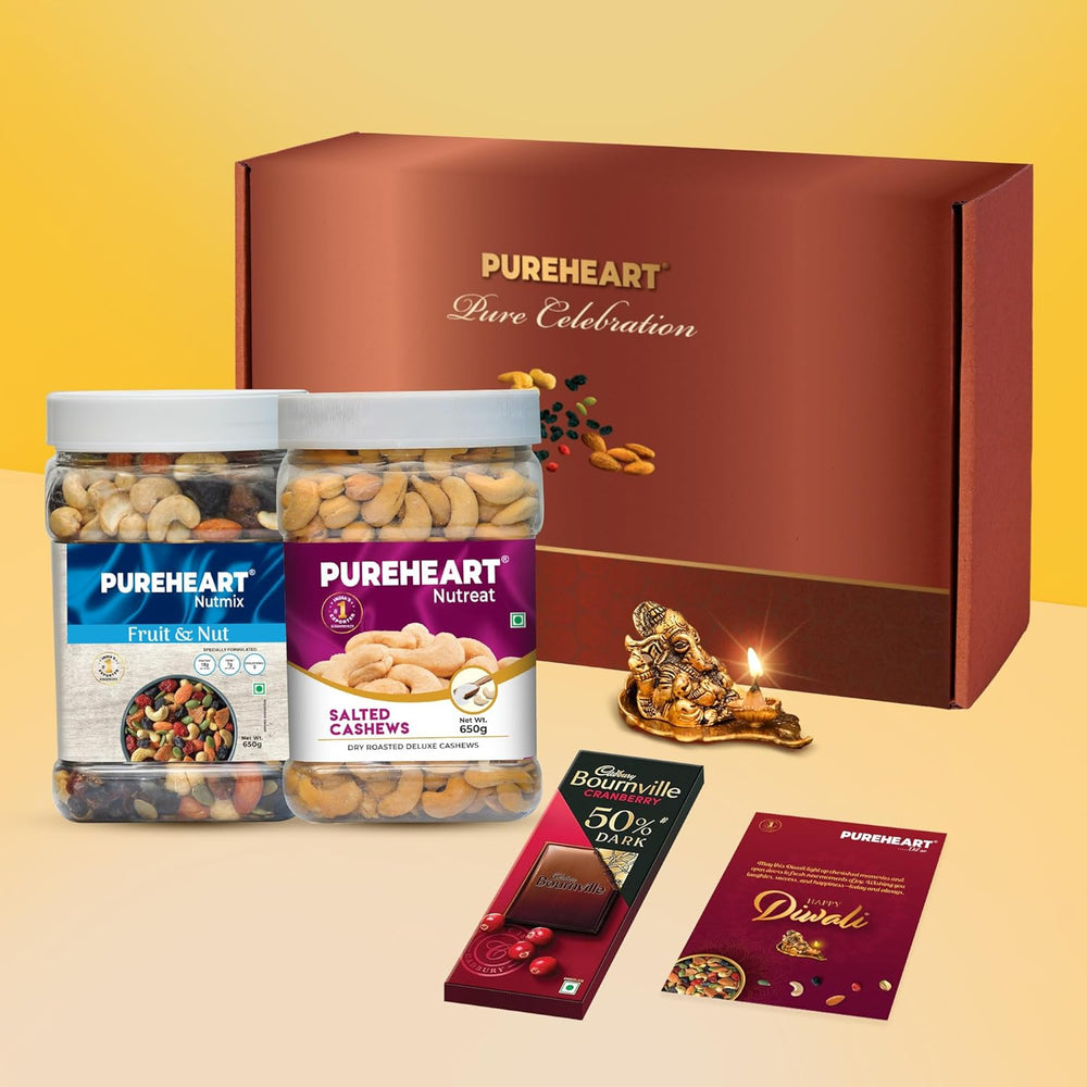 PUREHEART Premium Diwali Gift Hamper | Dry Fruits Gift Box with Fruit & Nut Nutmix, Salted Cashews (650g each), Bournville Chocolate, Ganpati Diya & Diwali Greeting Card | Corporate Gifting