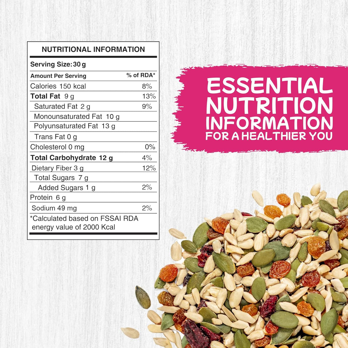 Pureheart Sierra Trail Mix | High-Fiber Seed & Berry Blend | Pumpkin, Sunflower, Flax Seeds with Cranberry & Raisins | Natural Superfood Snack for Digestion