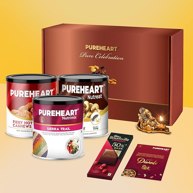 PUREHEART Premium Diwali Gift Hamper | Corporate Dry Fruits Gift Box Fiery Hot Cashews, Pepper Cashews (333g each) and Sierra Trail (454g), Chocolate, Ganpati Diya & Diwali Greeting Card