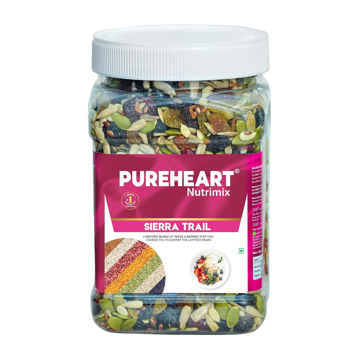Pureheart Sierra Trail Mix | High-Fiber Seed & Berry Blend | Pumpkin, Sunflower, Flax Seeds with Cranberry & Raisins | Natural Superfood Snack for Digestion