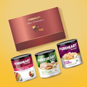 PUREHEART Premium Diwali Gift Hamper | Corporate Dry Fruits Gift Box with Salted Cashews (333g), Sierra Trail (454g) and Salted Pistachios (300g), Chocolate, Diwali Greeting Card