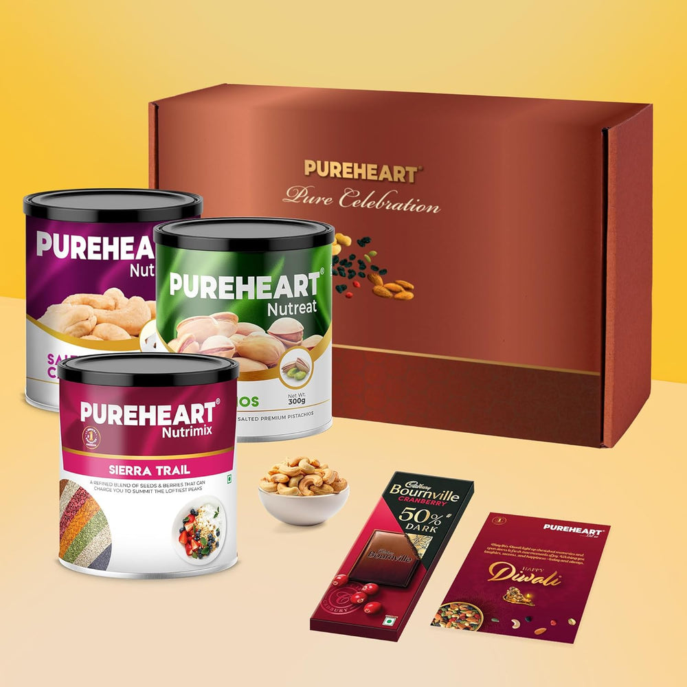PUREHEART Premium Diwali Gift Hamper | Corporate Dry Fruits Gift Box with Salted Cashews (333g), Sierra Trail (454g) and Salted Pistachios (300g), Chocolate, Diwali Greeting Card