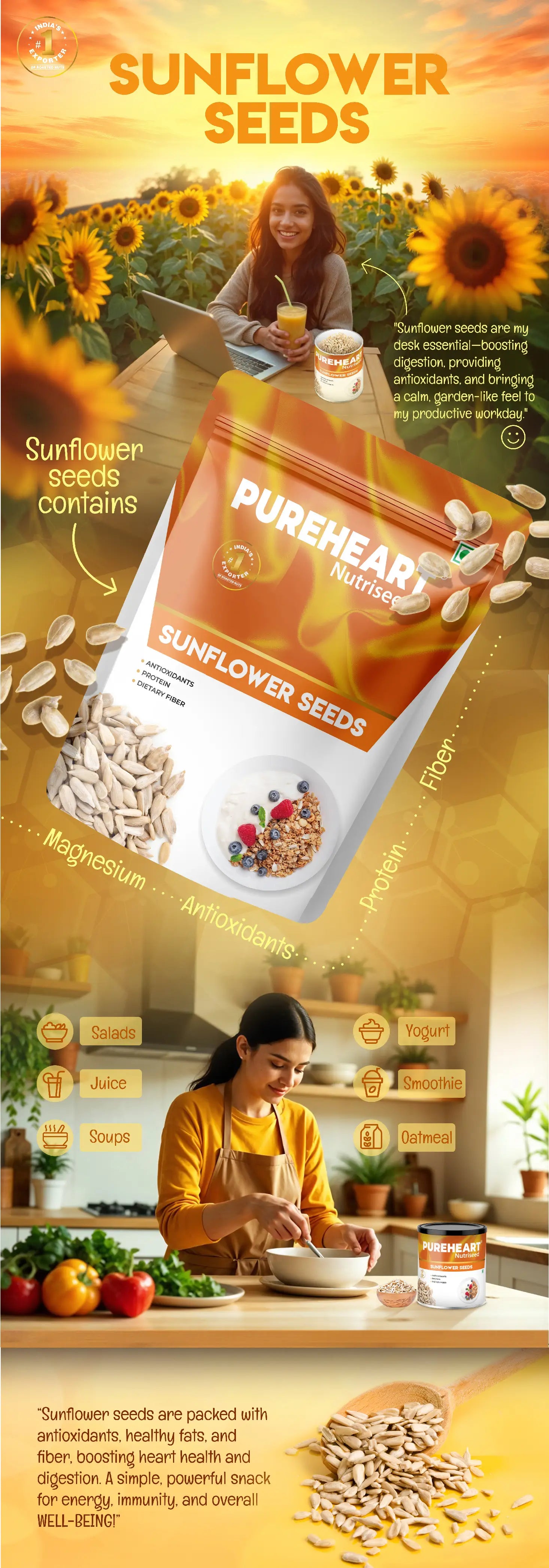 About Pureheart Premium Raw Sunflower Seeds for Eating - Protein, Fibre and Antioxidants Rich Superfood for Heart Health, Immune Support, Healthy Diet Snack for Skin - 1