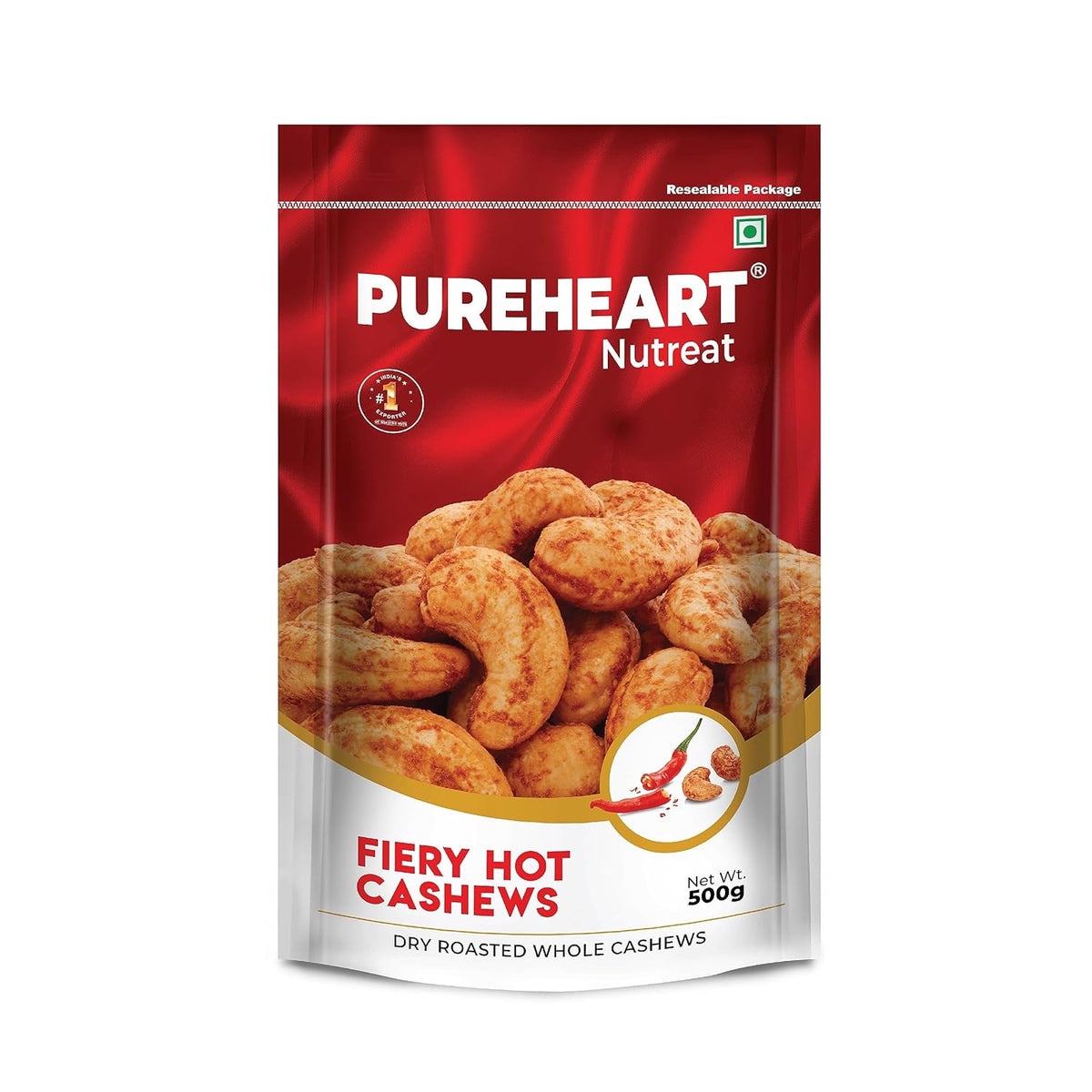 Pureheart Nutreat Fiery Hot Cashews  Natural Premium Spicy Roasted Whole Cashew Nuts/Kaju Dry Fruit, Crunchy & Delicious Chili Cashews - Resealable Pouch