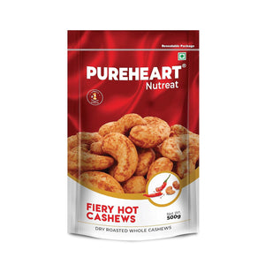 Pureheart Nutreat Fiery Hot Cashews  Natural Premium Spicy Roasted Whole Cashew Nuts/Kaju Dry Fruit, Crunchy & Delicious Chili Cashews - Resealable Pouch